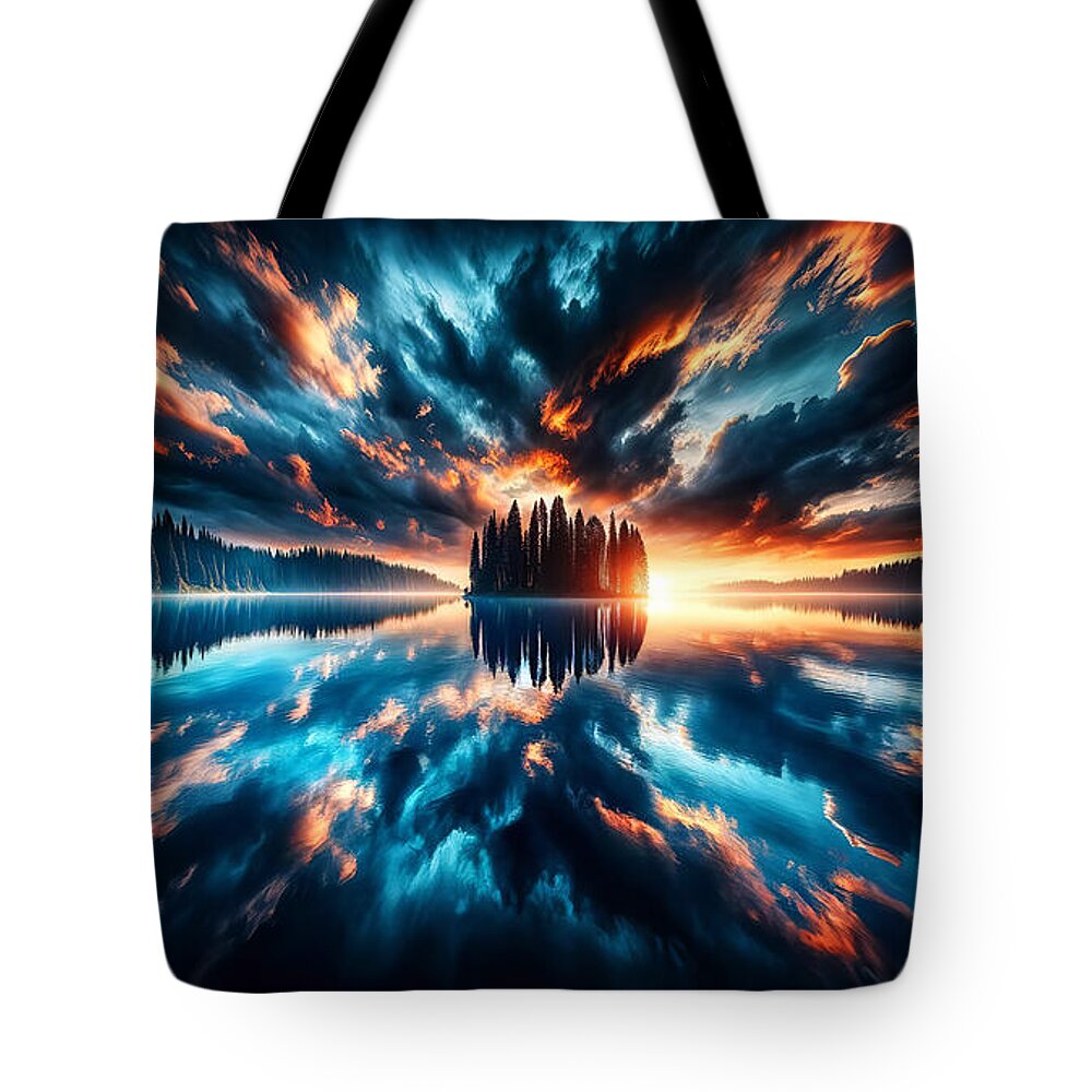 Sunset Tote Bag featuring the digital art A breathtaking landscape where a stand of trees on a small island is perfectly reflected in a vast by Odon Czintos