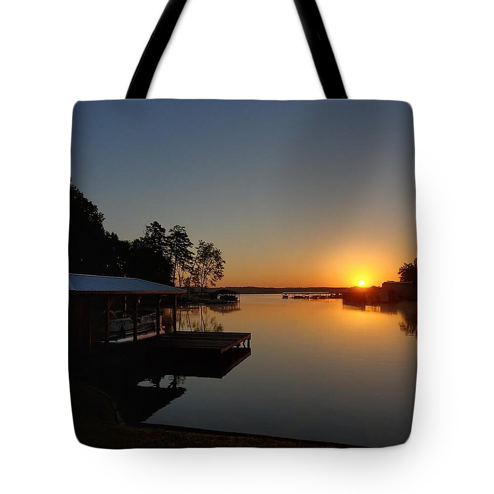 Sunrise Tote Bag featuring the photograph A Clear And Pretty Lake Sinclair Sunrise by Ed Williams