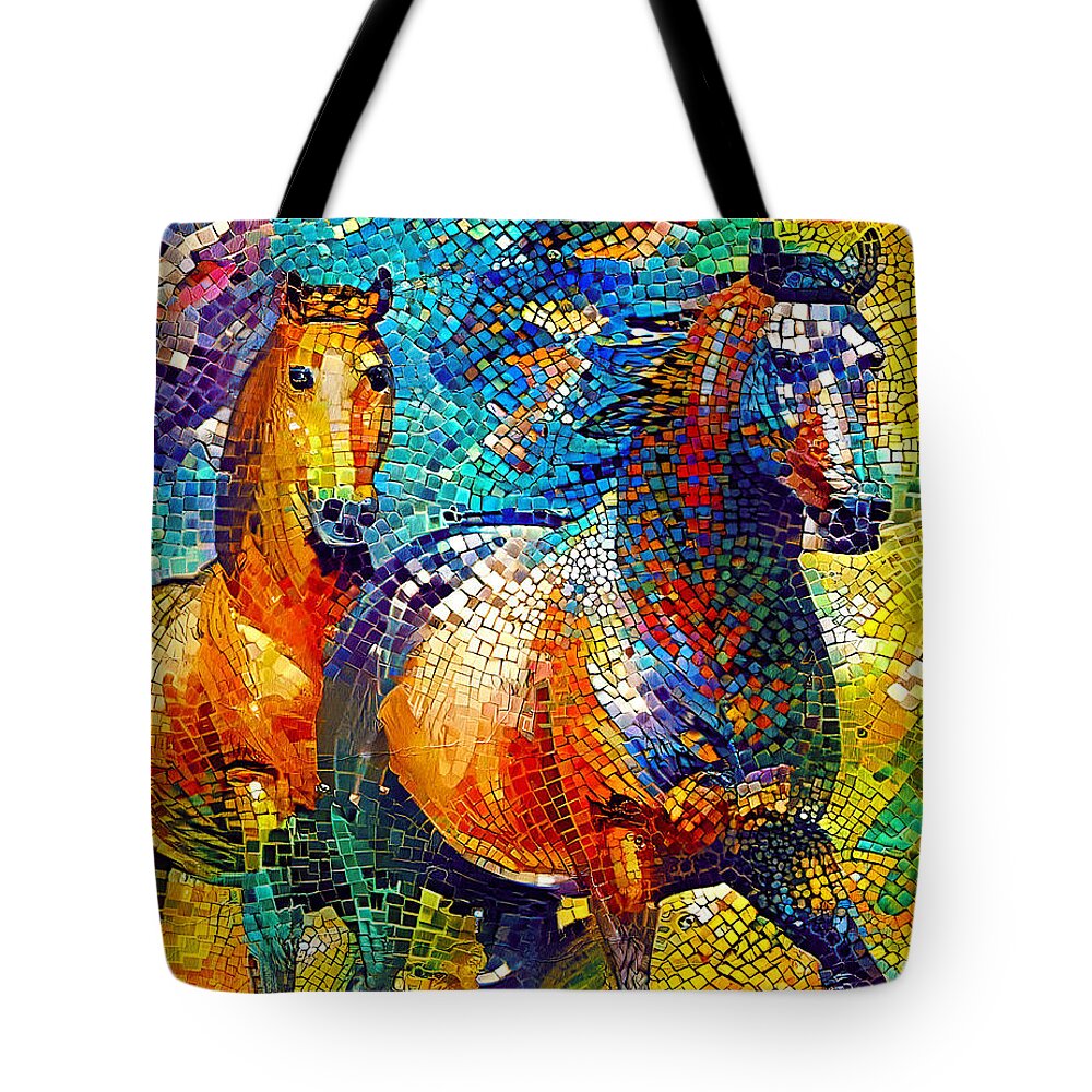 Horse Walking Tote Bag featuring the digital art A couple of horses walking - colorful mosaic by Nicko Prints