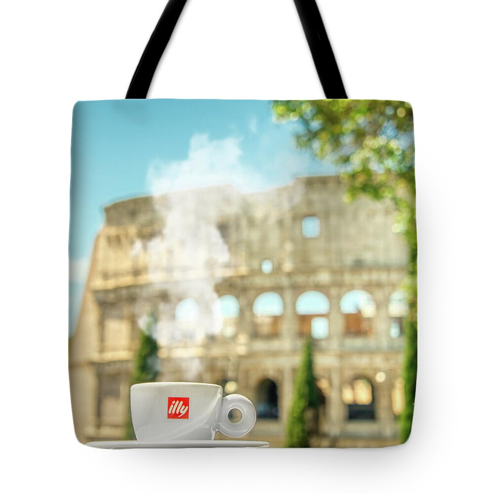 Tableware Tote Bag featuring the photograph A cup of coffee in front of the panoramic view of Colosseo in Roma by Stefano Senise