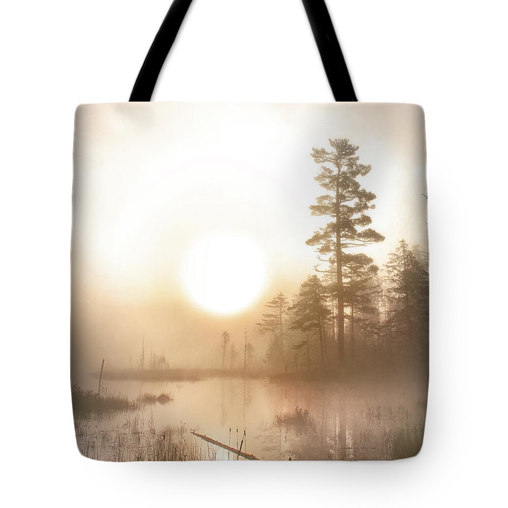 New Day Tote Bag featuring the photograph A foggy Adirondack morning by Rehna George