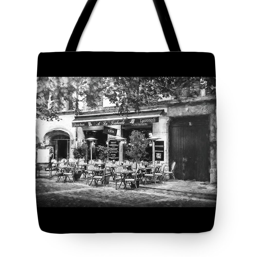 Lyon Tote Bag featuring the photograph A French Restaurant Vieux Lyon France Black and White by Carol Japp