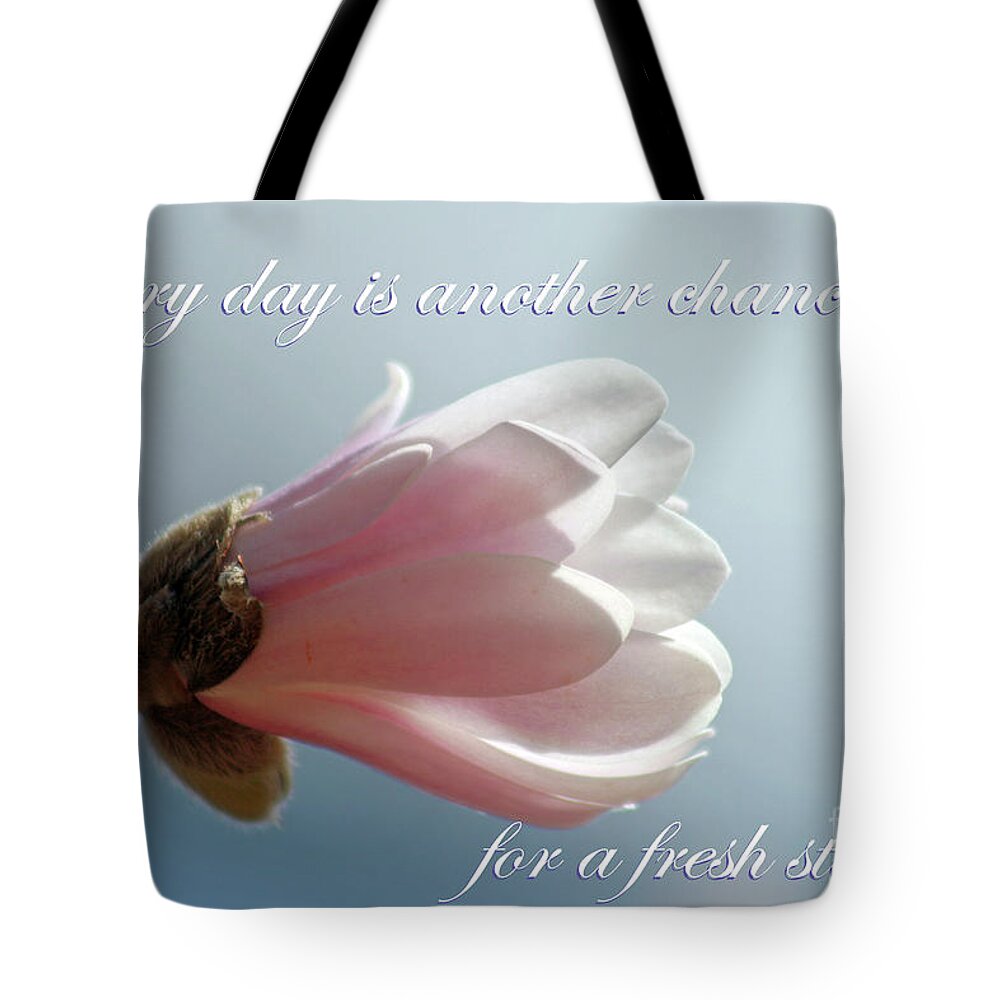Magnolia; Magnolia Blossom; Flower; Pink Flower; Light; Inspirational; Fresh Start; White; Pink; Blue; Sky; Sunlight; Close-up; Blossom Tote Bag featuring the photograph A Fresh Start by Tina Uihlein