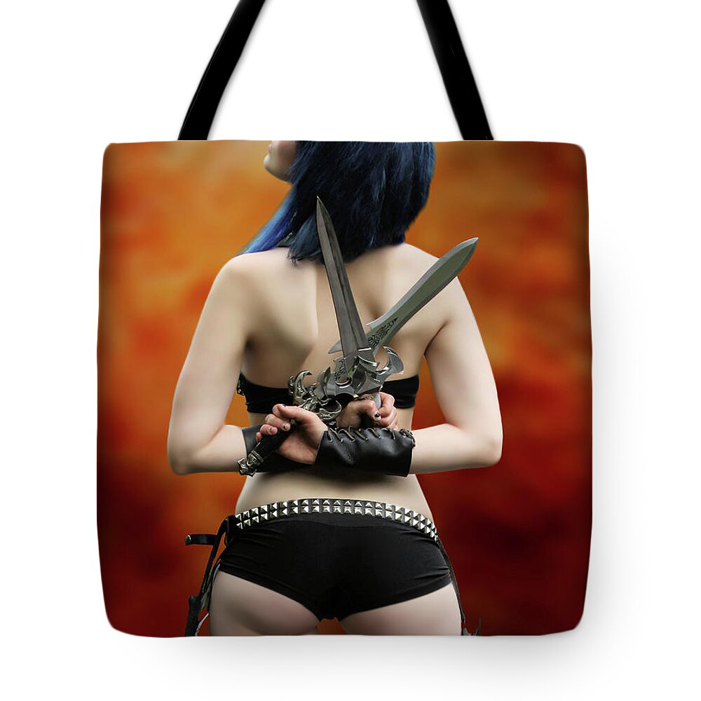 Girl Tote Bag featuring the photograph A Girl And Her Knives by Jon Volden