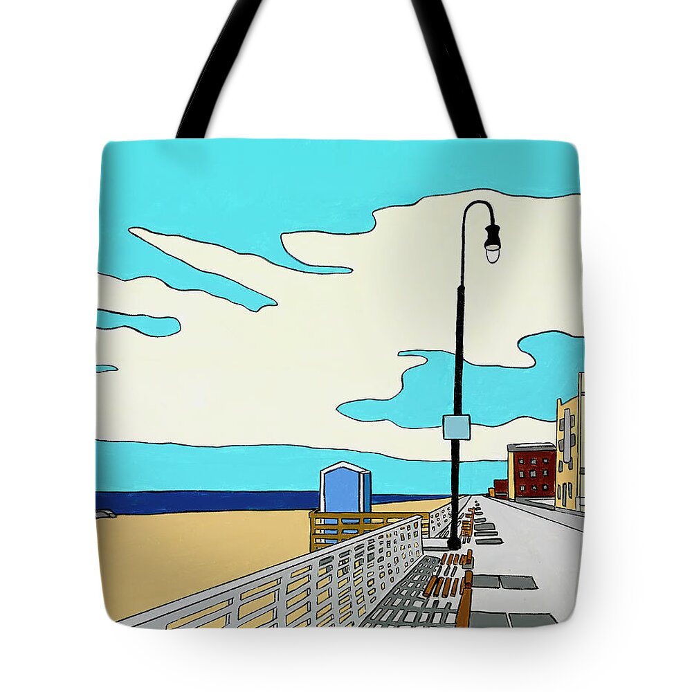 Long Beach Boardwalk Long Island Ocean Sand New York Beach Tote Bag featuring the painting A Long Beach Morning by Mike Stanko