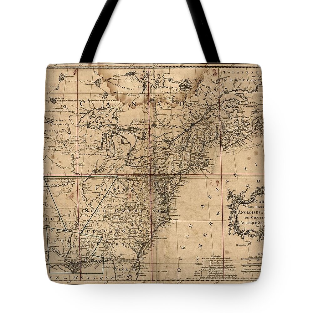 Map Tote Bag featuring the painting A map of the British and French dominions in North America with the roads, distances, limits, and ex by MotionAge Designs