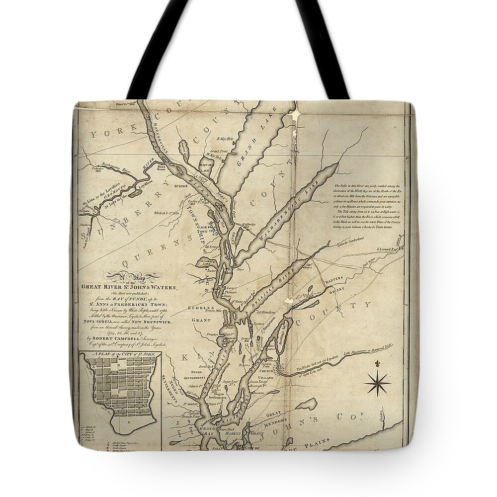 Map Tote Bag featuring the painting A map of the great river St. John waters the first ever published from the Bay of Fundy, up to S by St John