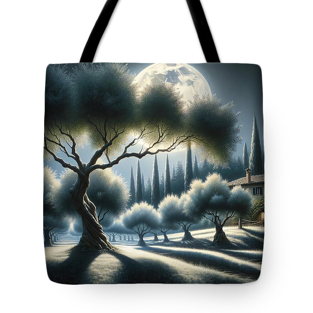 Olive Trees Tote Bag featuring the painting A moonlit grove of olive trees, with a rustic farmhouse in the Italian countryside. by Jeff Creation