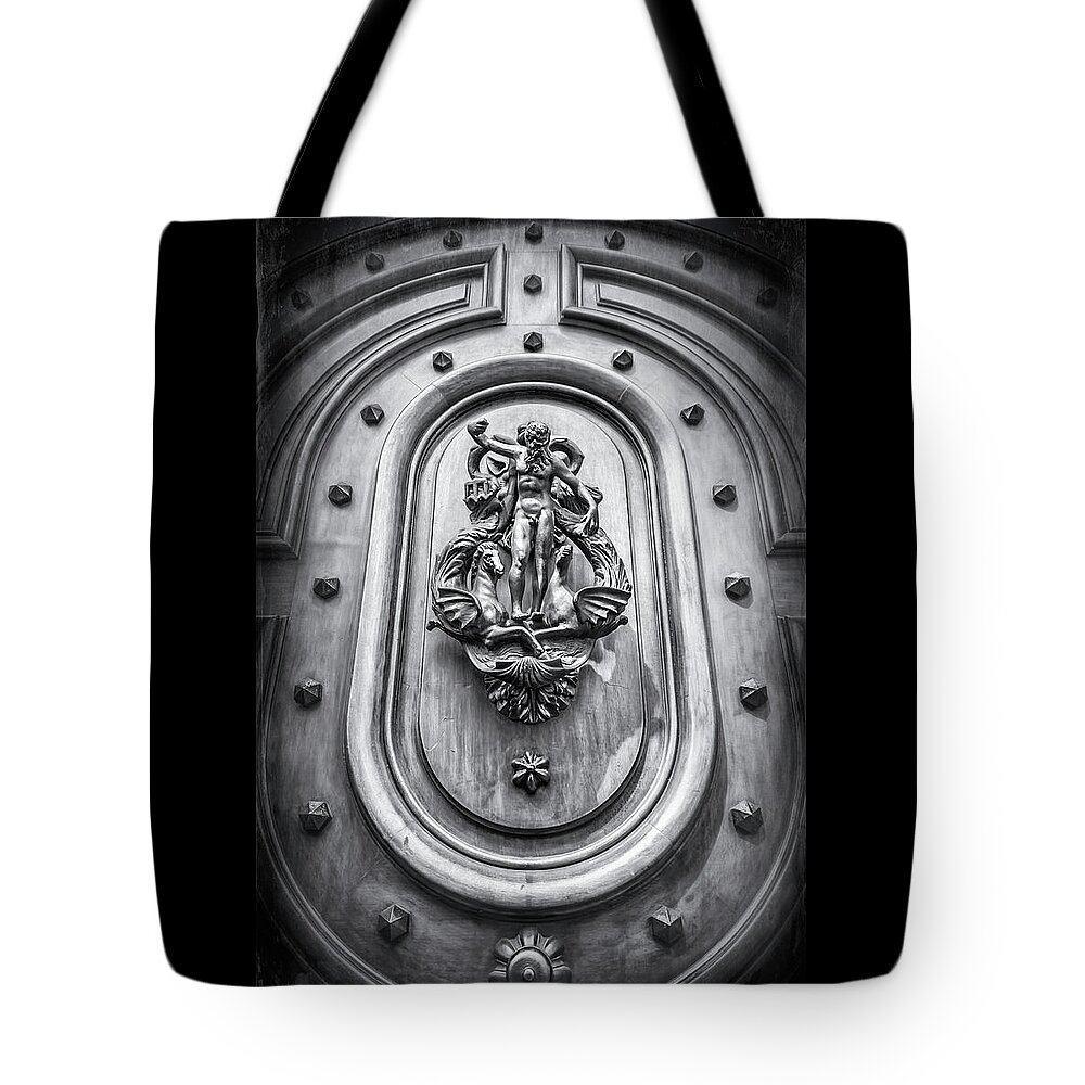 Door Tote Bag featuring the photograph A Most Unusual Door Knocker Geneva Old Town Black and White by Carol Japp