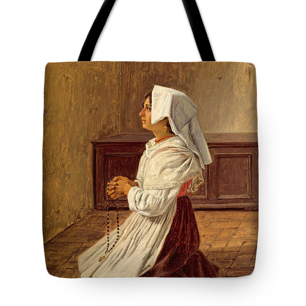 Martinus Rorbye Tote Bag featuring the painting A Praying Italian Woman by Martinus Rorbye