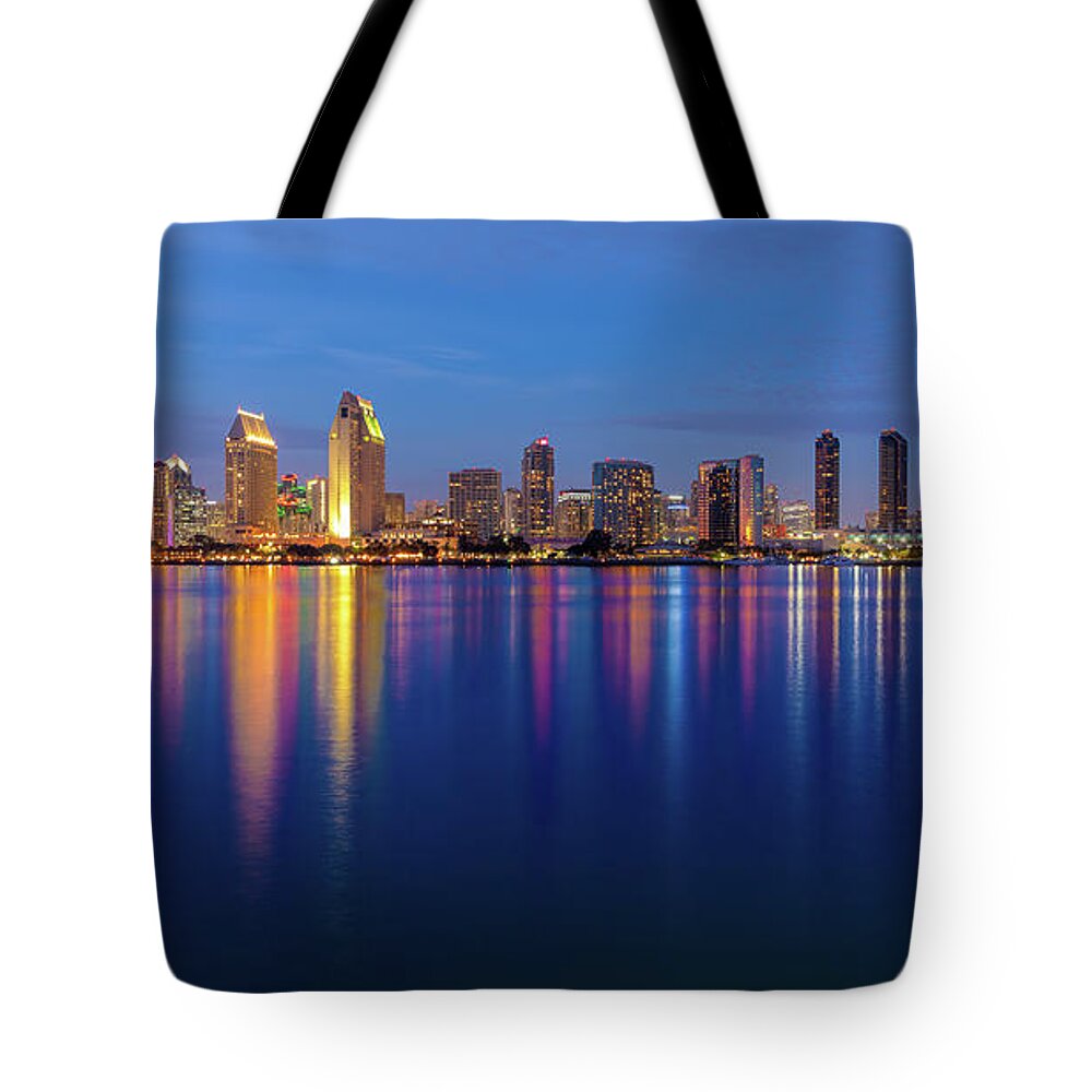 Beach Tote Bag featuring the photograph A Rich Evening Colors of the San Diego Skyline by David Levin