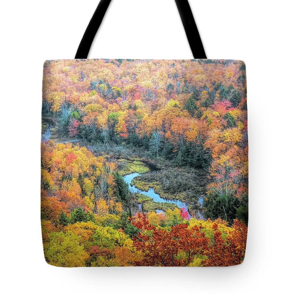 Michigan Tote Bag featuring the photograph A River Runs Through Fall Colors by Cheryl Strahl