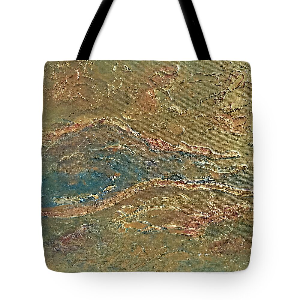 Gold Tote Bag featuring the painting A RIVER RUNS THROUGH IT Abstract in Gold by Lynnie Lang
