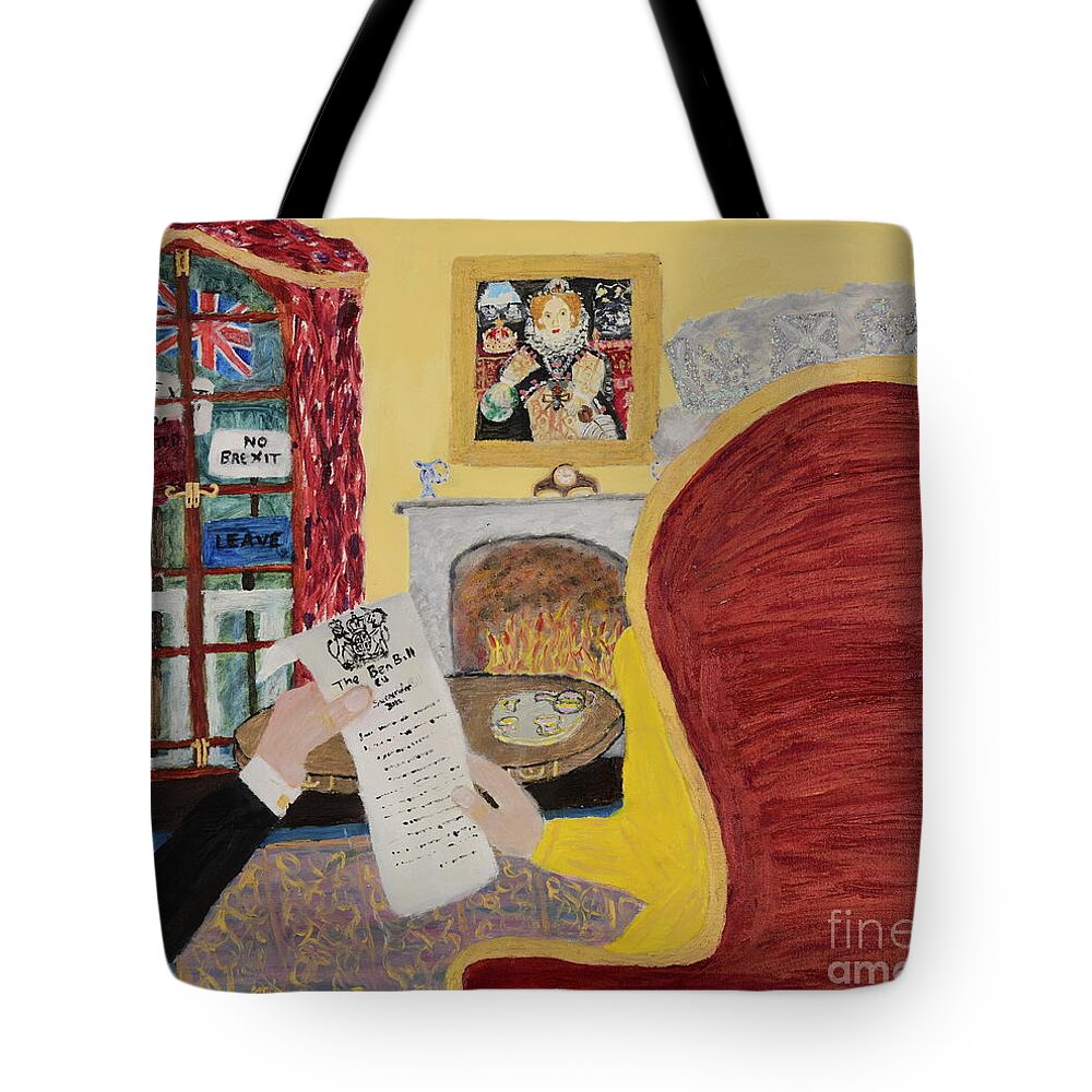 Queen Elizabeth Tote Bag featuring the painting A Royal Dilemma by David Westwood