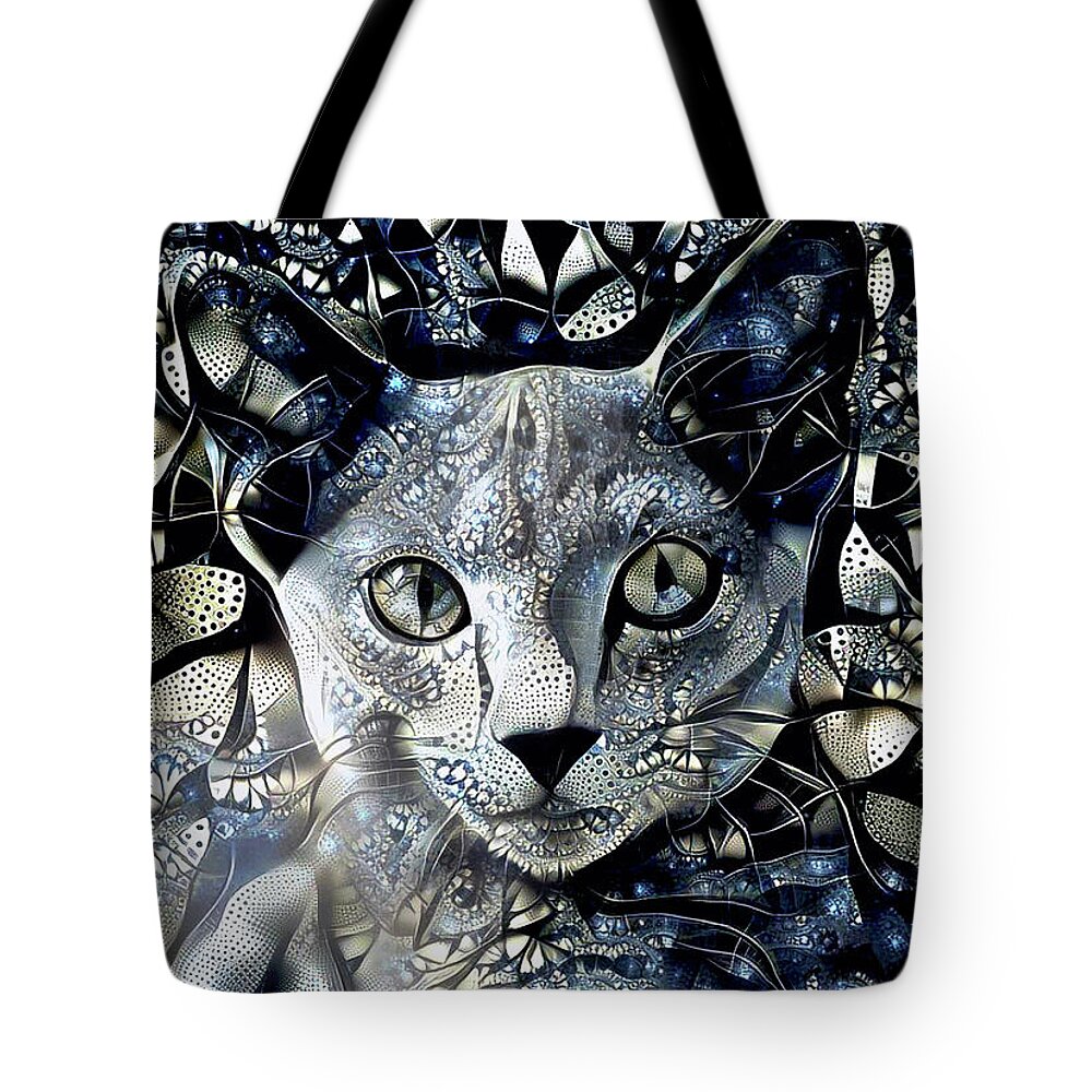 Cat Tote Bag featuring the digital art A Russian Blue Cat Named Grayson by Peggy Collins