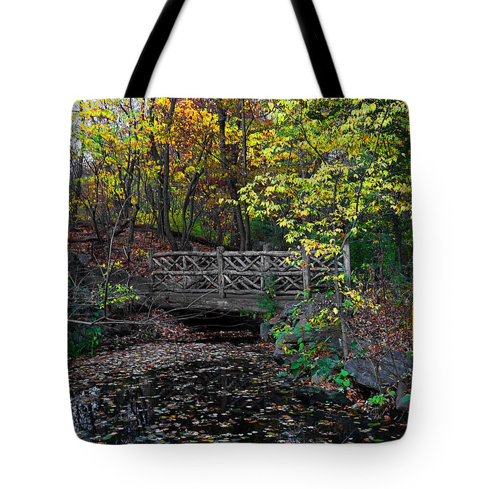 Rustic Tote Bag featuring the photograph A Rustic Bridge in the Ramble - A Central Park Impression by Steve Ember