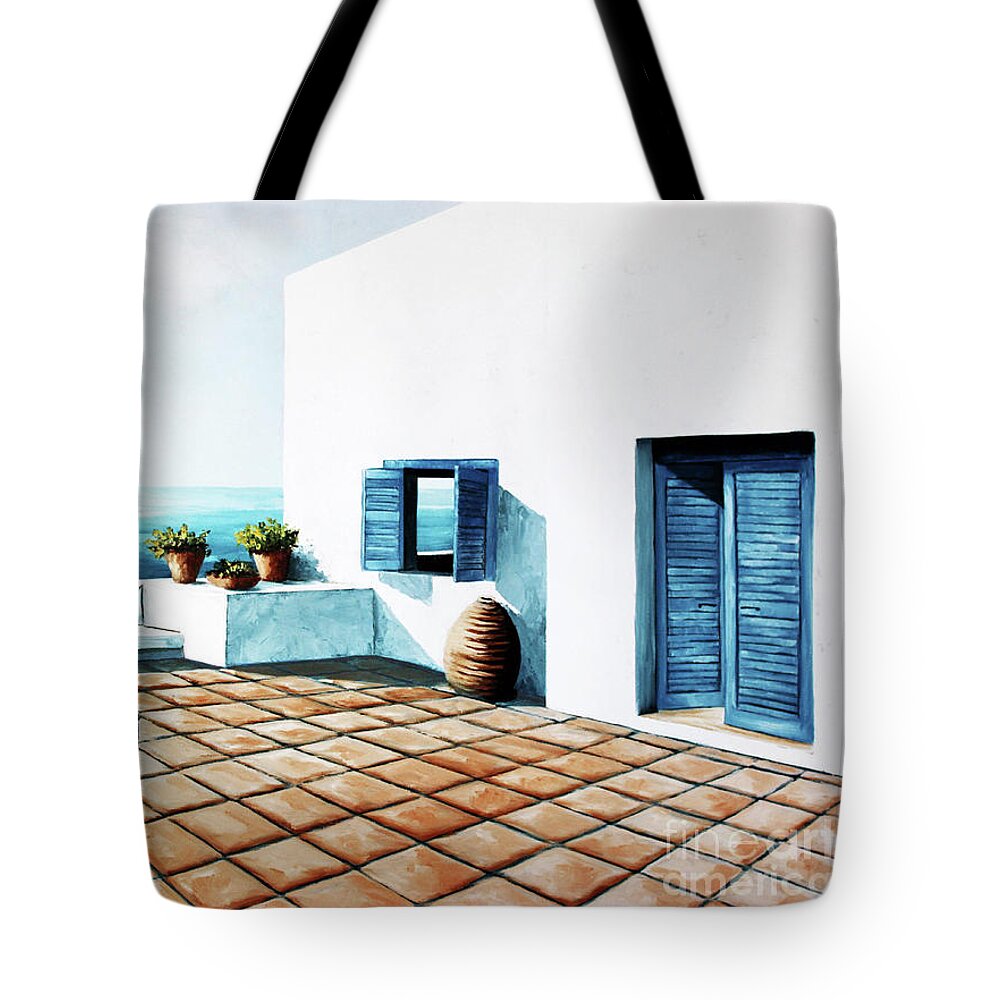 Santorini Tote Bag featuring the painting A Santorini First by Mary Grden