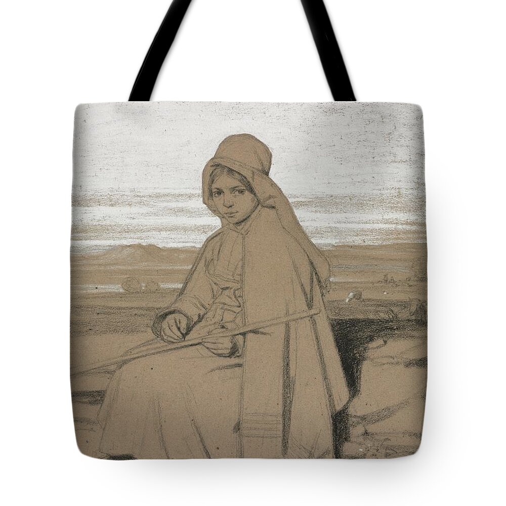 A Seated Shepherdess 1800s Jules Dupre French 1811 To 1889 Tote Bag featuring the painting A Seated Shepherdess 1800s Jules Dupre French 1811 to 1889 by MotionAge Designs