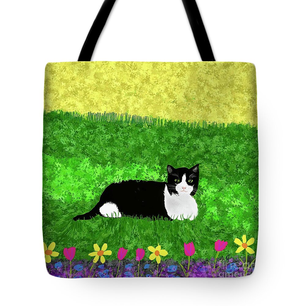 Cat Artwork Tote Bag featuring the digital art A shady spot in the garden by Elaine Hayward