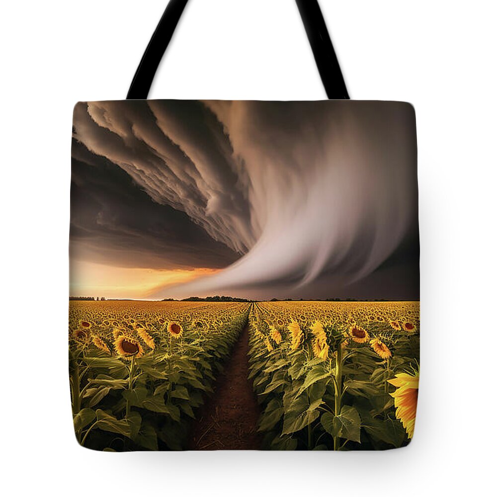 Tornado Tote Bag featuring the digital art A sprawling field of sunflowers under a dramatic sky by Odon Czintos