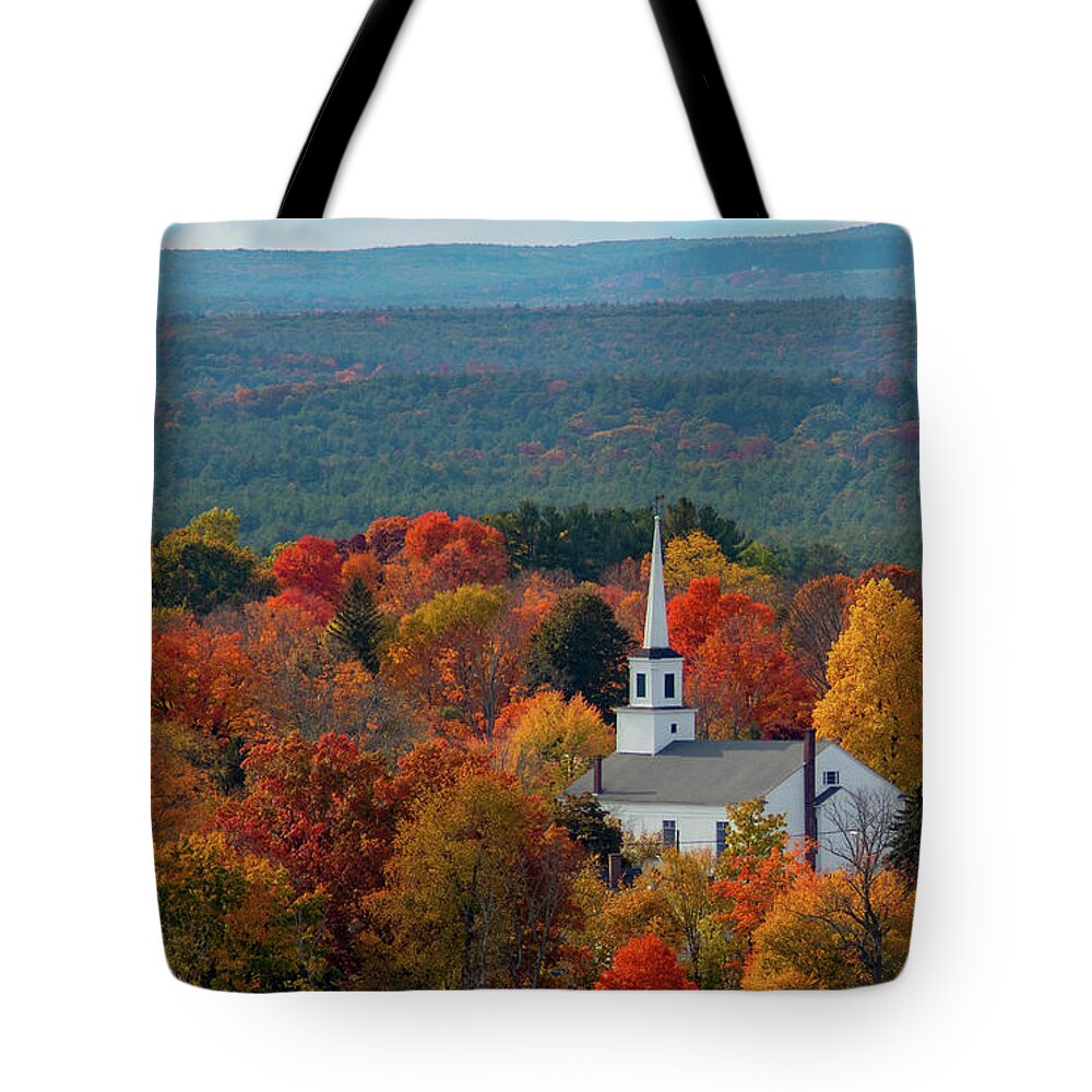 Autumn Fall Colors Tote Bag featuring the photograph A Steeple Among the Maples by Jeff Folger