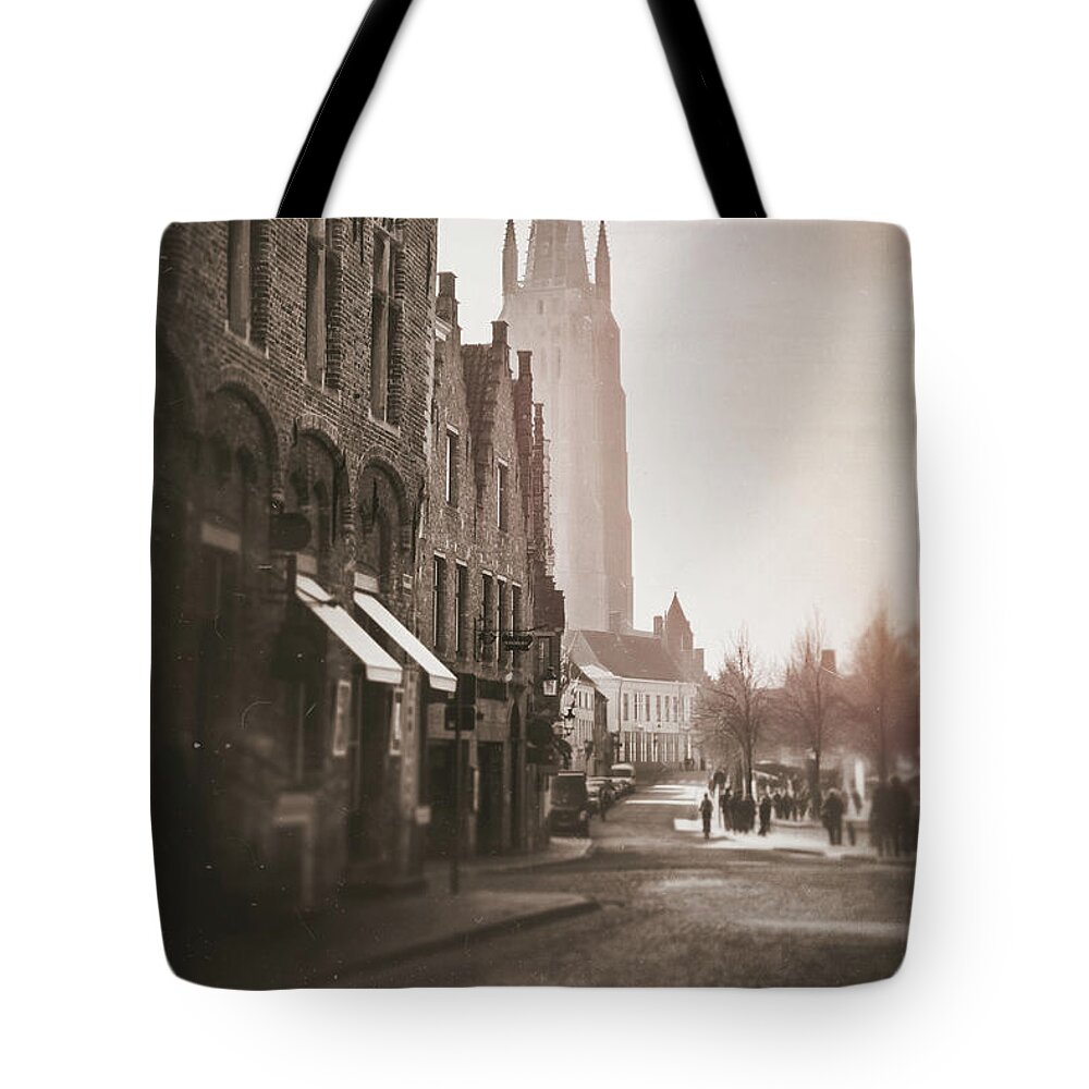 Bruges Tote Bag featuring the photograph A Stroll Along The Dijver Canal Bruges Belgium Vintage by Carol Japp