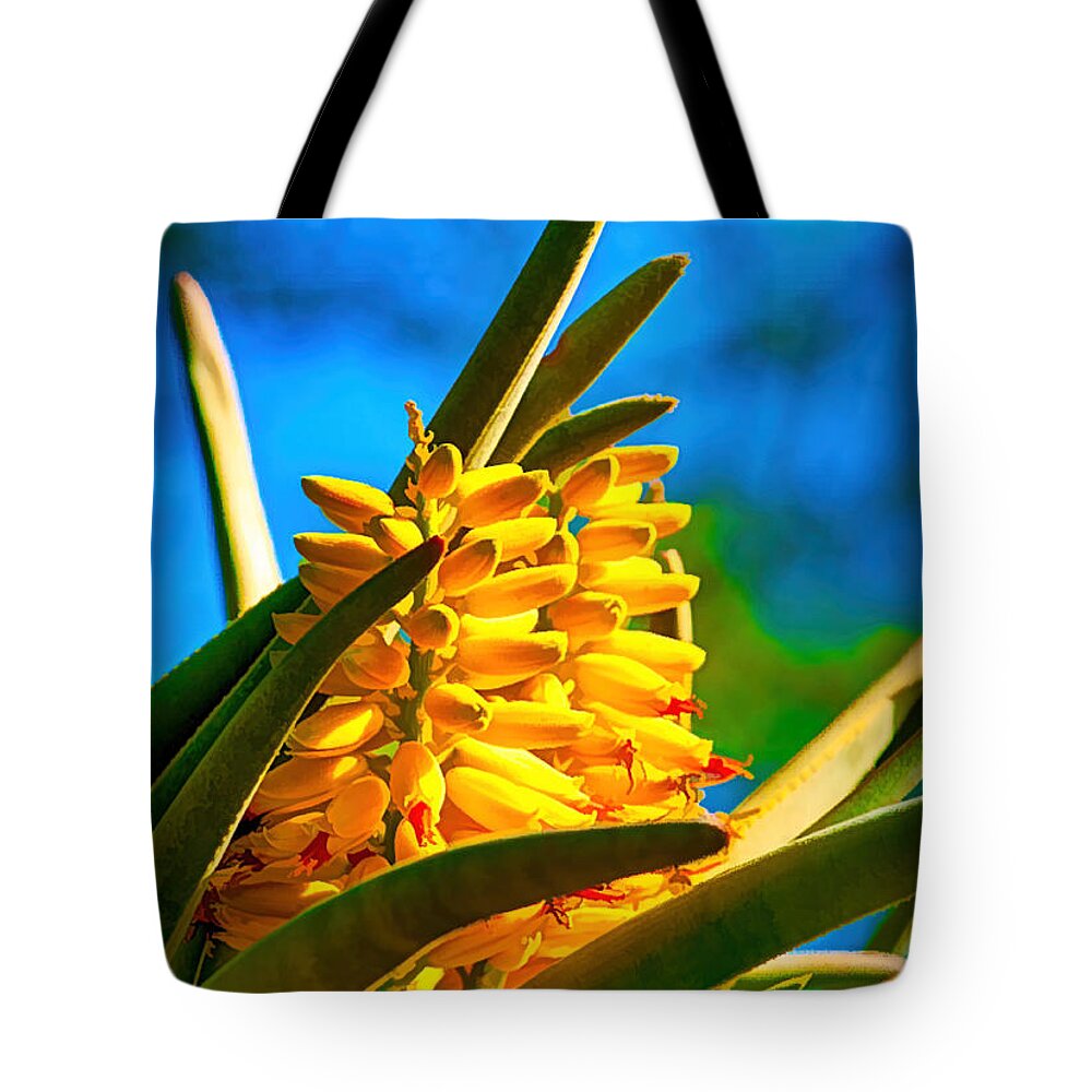 Cactus Tote Bag featuring the photograph A study in yellow, green and blue - cactus flower near Phoenix AZ by Frank Lee