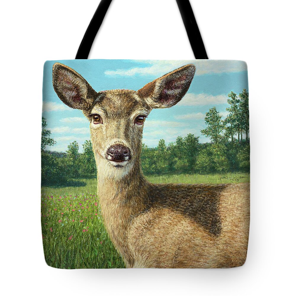 Sunny Tote Bag featuring the painting A Sunny Doe by James W Johnson