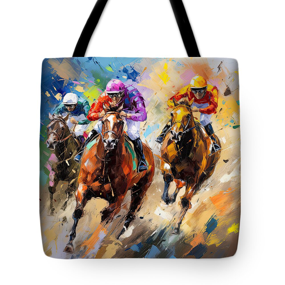 Horse Racing Tote Bag featuring the painting A Symphony of Speed by Lourry Legarde