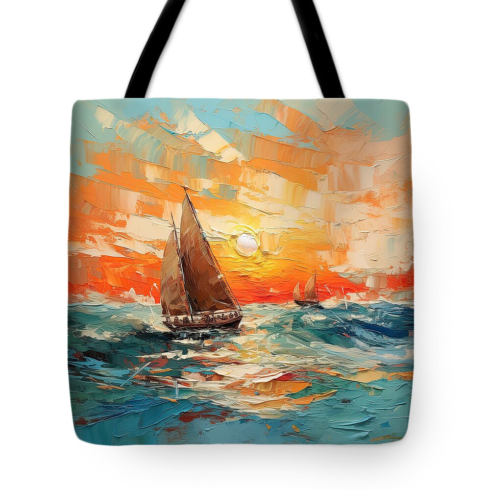 Turquoise And Orange Tote Bag featuring the digital art A Symphony of Turquoise and Orange - Sailboats at Sunset by Lourry Legarde