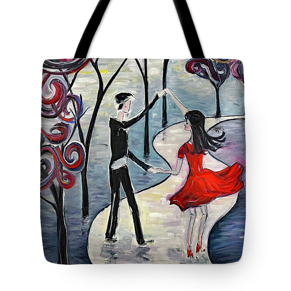 Romantic Couple Tote Bag featuring the painting Dancing in the Moonlight by Roxy Rich