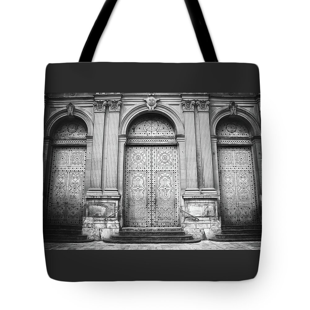 Valencia Tote Bag featuring the photograph A Trio of Doors Valencia Spain Black and White by Carol Japp
