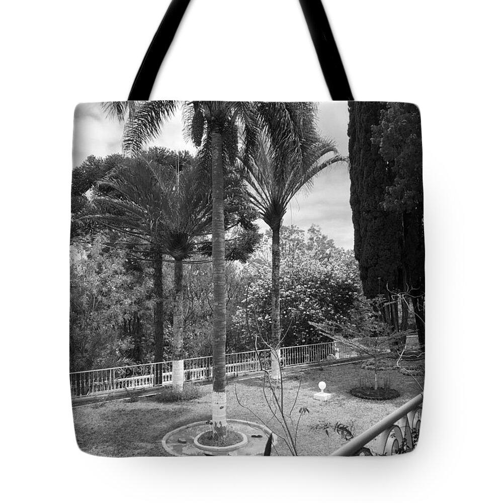 All Tote Bag featuring the digital art A View of Backyard from Patio Black and White KN63 by Art Inspirity