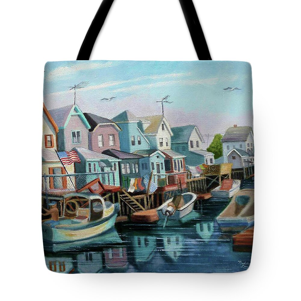 Blue Tote Bag featuring the painting A View of Ramblesville by Madeline Lovallo