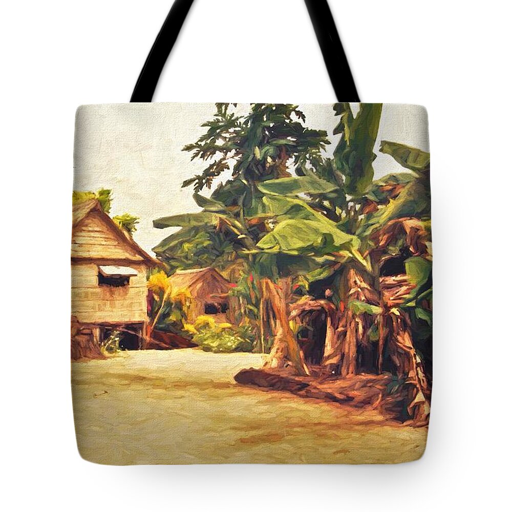 Gizo Tote Bag featuring the mixed media A Village House And Garden in Gizo by Joan Stratton