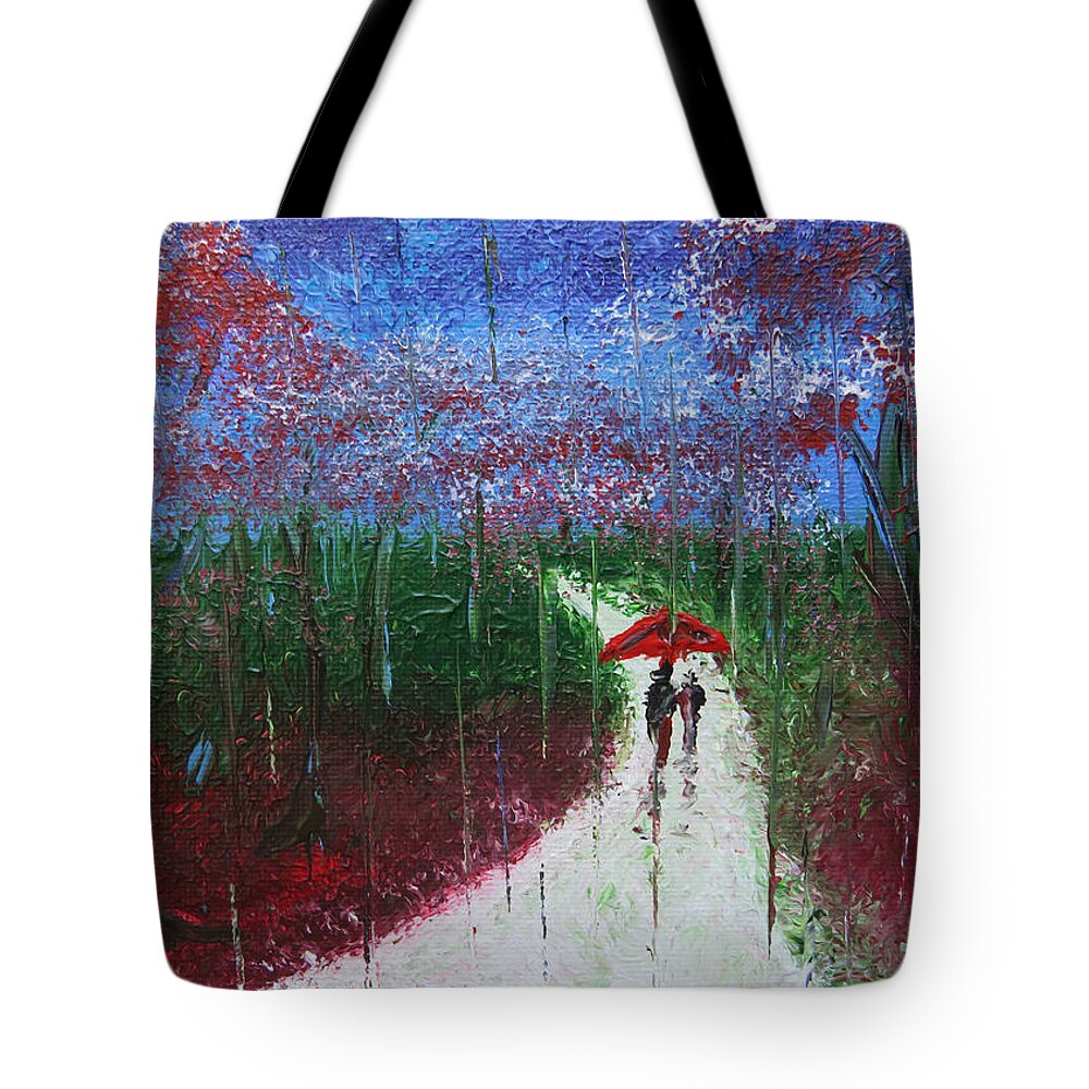 Rain Tote Bag featuring the painting A Walk In The Rain by Raymond Fernandez