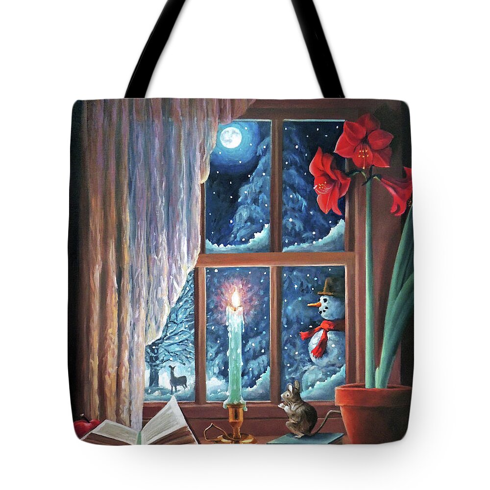 Holiday Tote Bag featuring the painting A Window Winter Land by Nancy Griswold