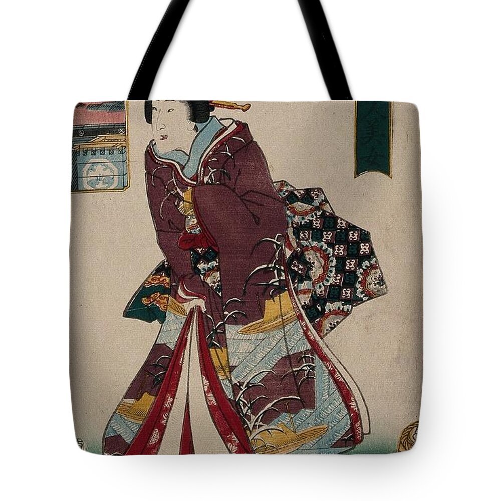 A Woman Trying On A New Pair Of Sandals And An Inset View Of Edo. Colour Woodcut By Kunisada Tote Bag featuring the painting A woman trying on a new pair of sandals and an inset view of Edo. Colour woodcut by Kunisada, 1857 by Artistic Rifki