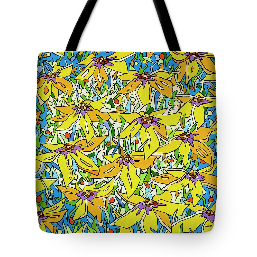 Flowers Yellow Tote Bag featuring the painting A Yellow Flowerfield by Mike Stanko
