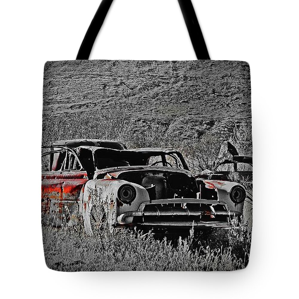  Tote Bag featuring the digital art Abandon Car, Rock Creek Abandon Car,  by Fred Loring