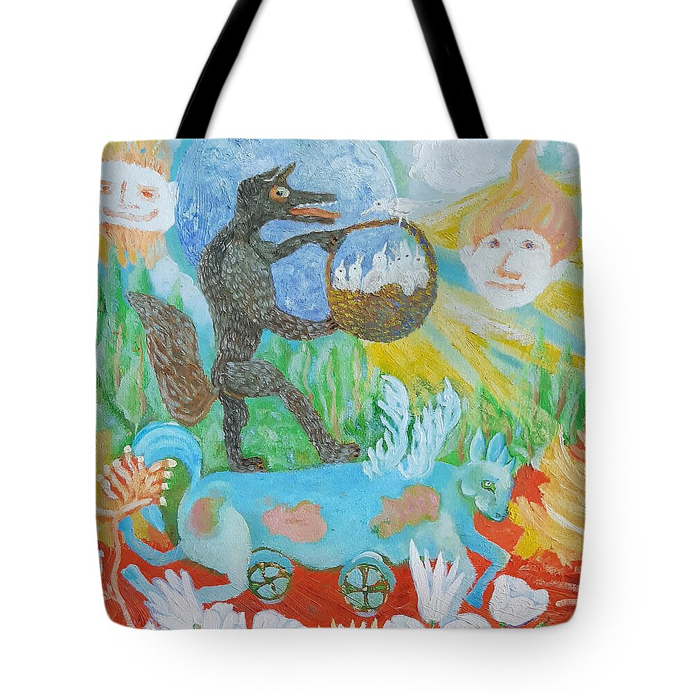 A Fantasy Tote Bag featuring the painting About the Wolf.. by Elzbieta Goszczycka