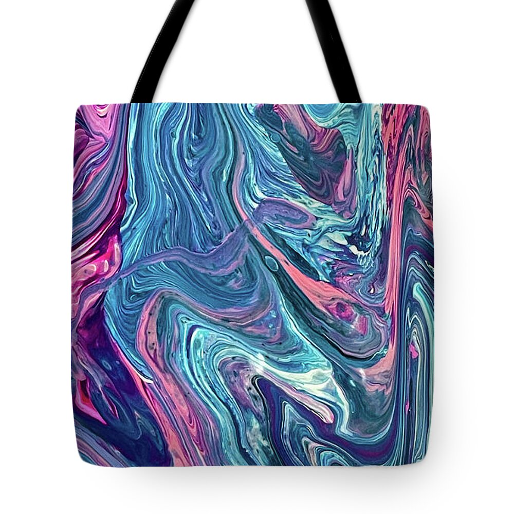 Abstract Tote Bag featuring the painting Abstract Art Blue Pink Purple Acrylic Pouring Fluid Painting by Matthias Hauser