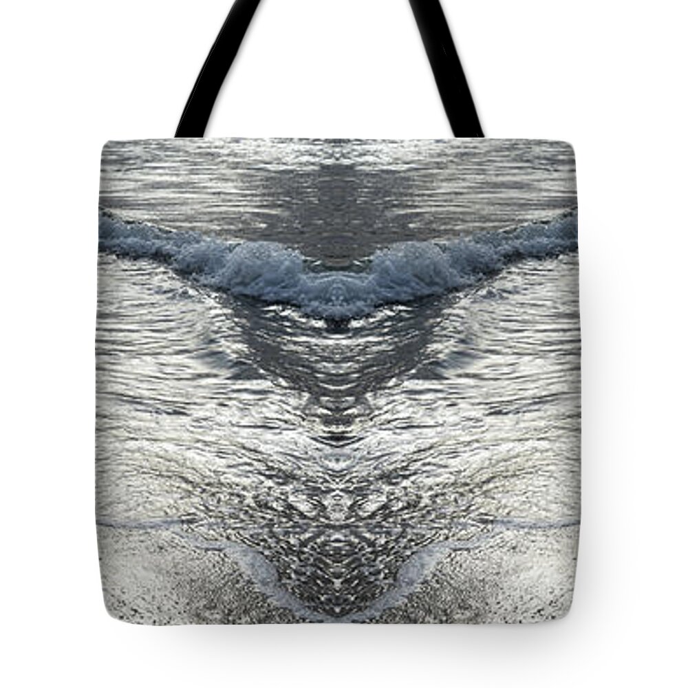 Sea Water Tote Bag featuring the digital art Wave and reflections on the beach, sea water meets symmetry by Adriana Mueller
