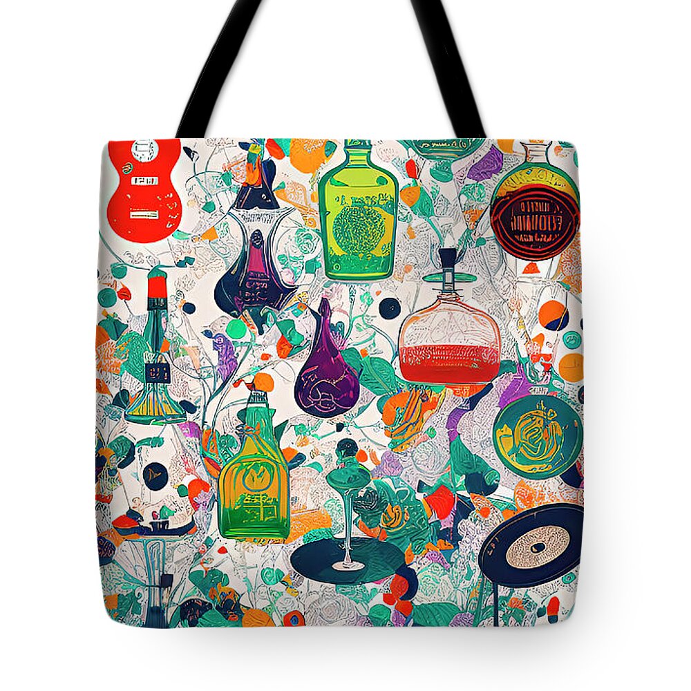 Music City Vinyl Records Tote Bag featuring the digital art Abstract Bottles Music Bar Beverages Contemporary Art by Ginette Callaway