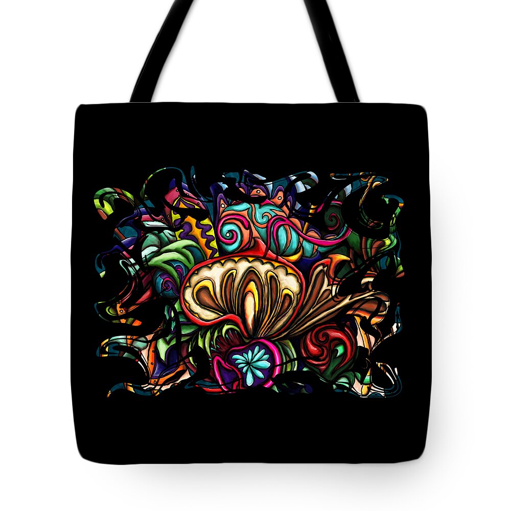 Mushroom Tote Bag featuring the painting Abstract chameleon on red mushrooms, swirly colorful by Nadia CHEVREL