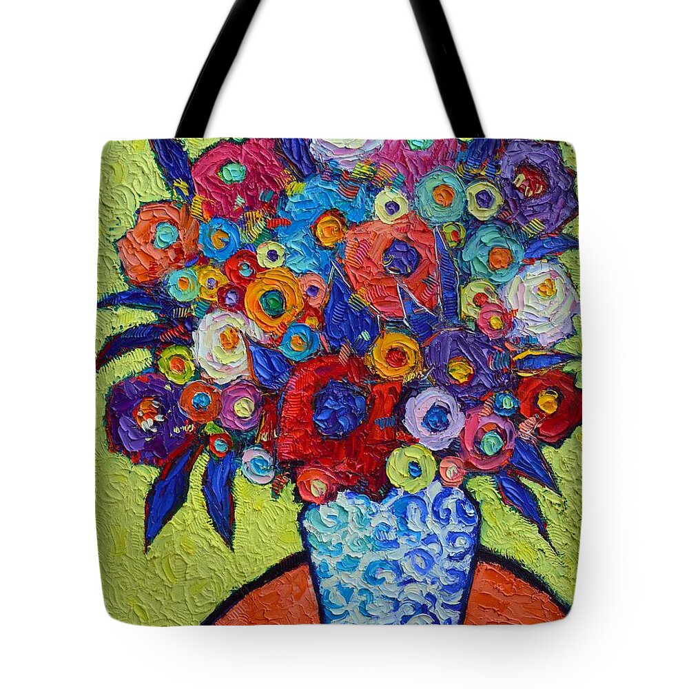 Abstract Tote Bag featuring the painting ABSTRACT COLORFUL ROSES AND WILD FLOWERS textural impressionist impasto palette knife oil painting by Ana Maria Edulescu