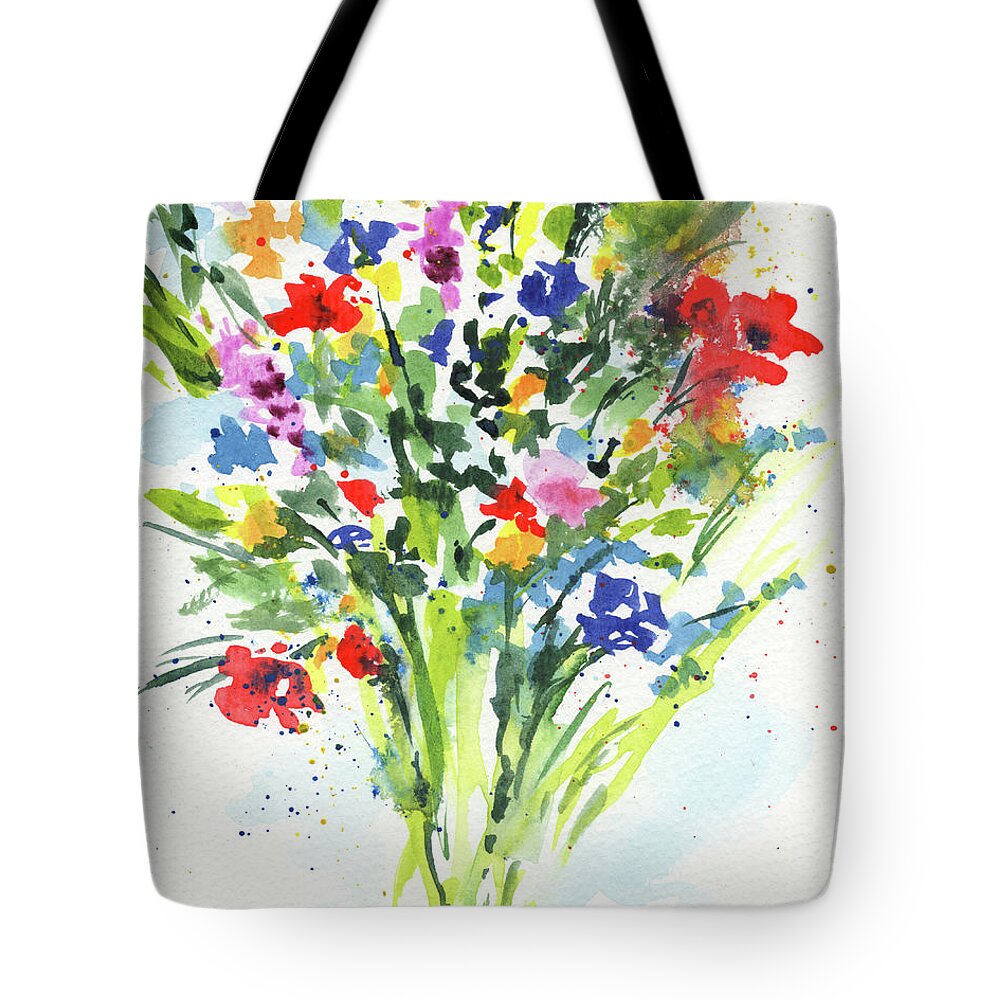 Abstract Flowers Tote Bag featuring the painting Abstract Flowers Burst Of Multicolor Splash Of Watercolor II by Irina Sztukowski