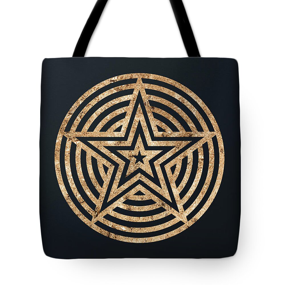 Glyph Tote Bag featuring the mixed media Abstract Geometric Gold Glyph Art on Dark Teal Blue 073 Vertical by Holy Rock Design