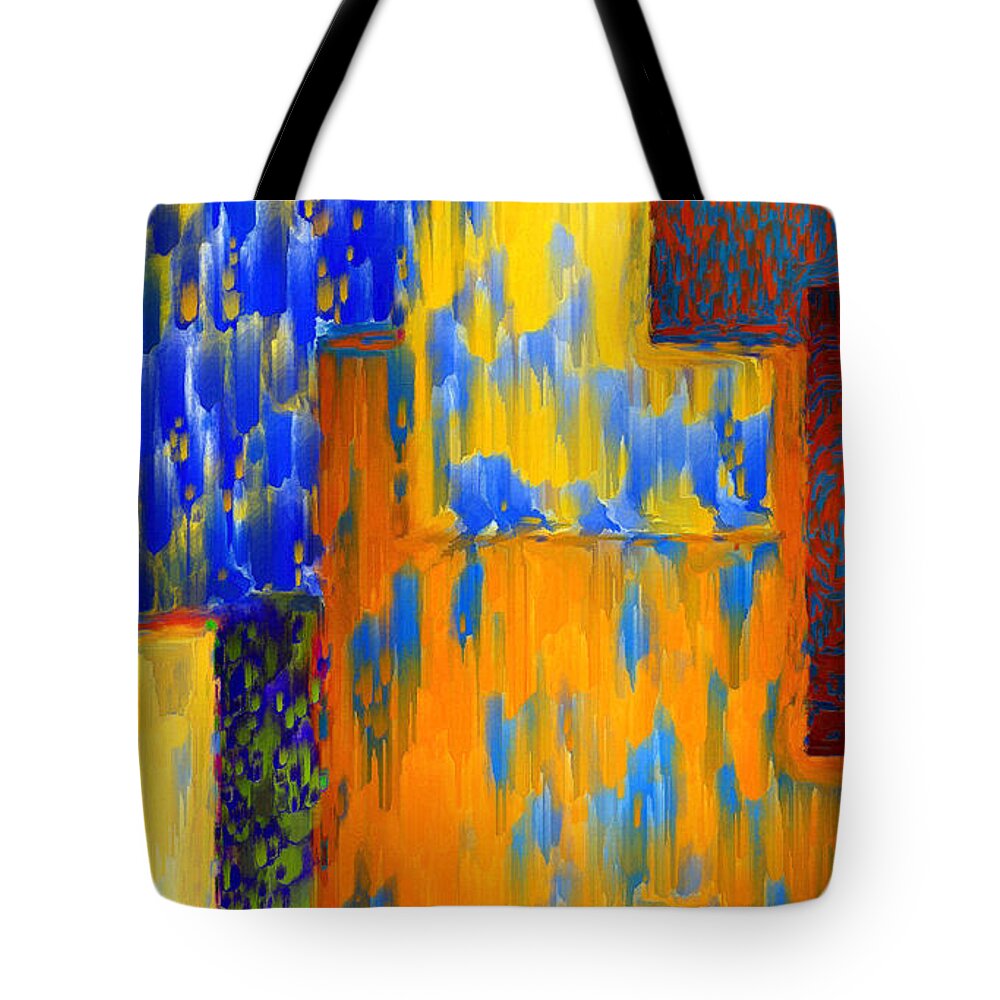 Abstract Tote Bag featuring the painting Abstract in Blue Orange Red Yellow by Rafael Salazar