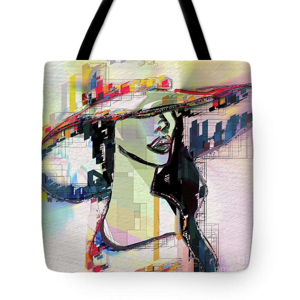 Abstract Tote Bag featuring the digital art Abstract Portrait - 65, Woman With Hat by Philip Preston